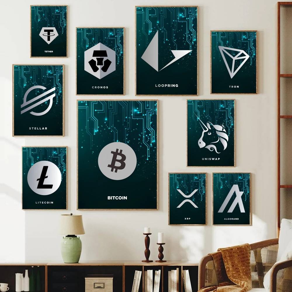 Tech Office Wallpaper - Affiche de symboles crypto de circuits